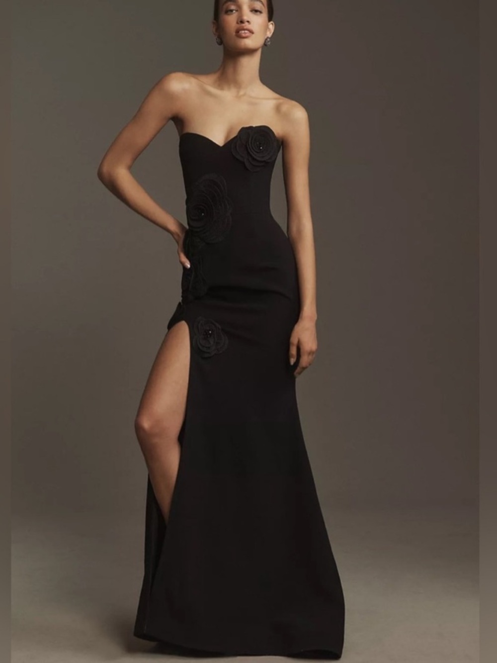 Strapless Black Floral-Appliqué Evening Dress - Picture 2 of 3